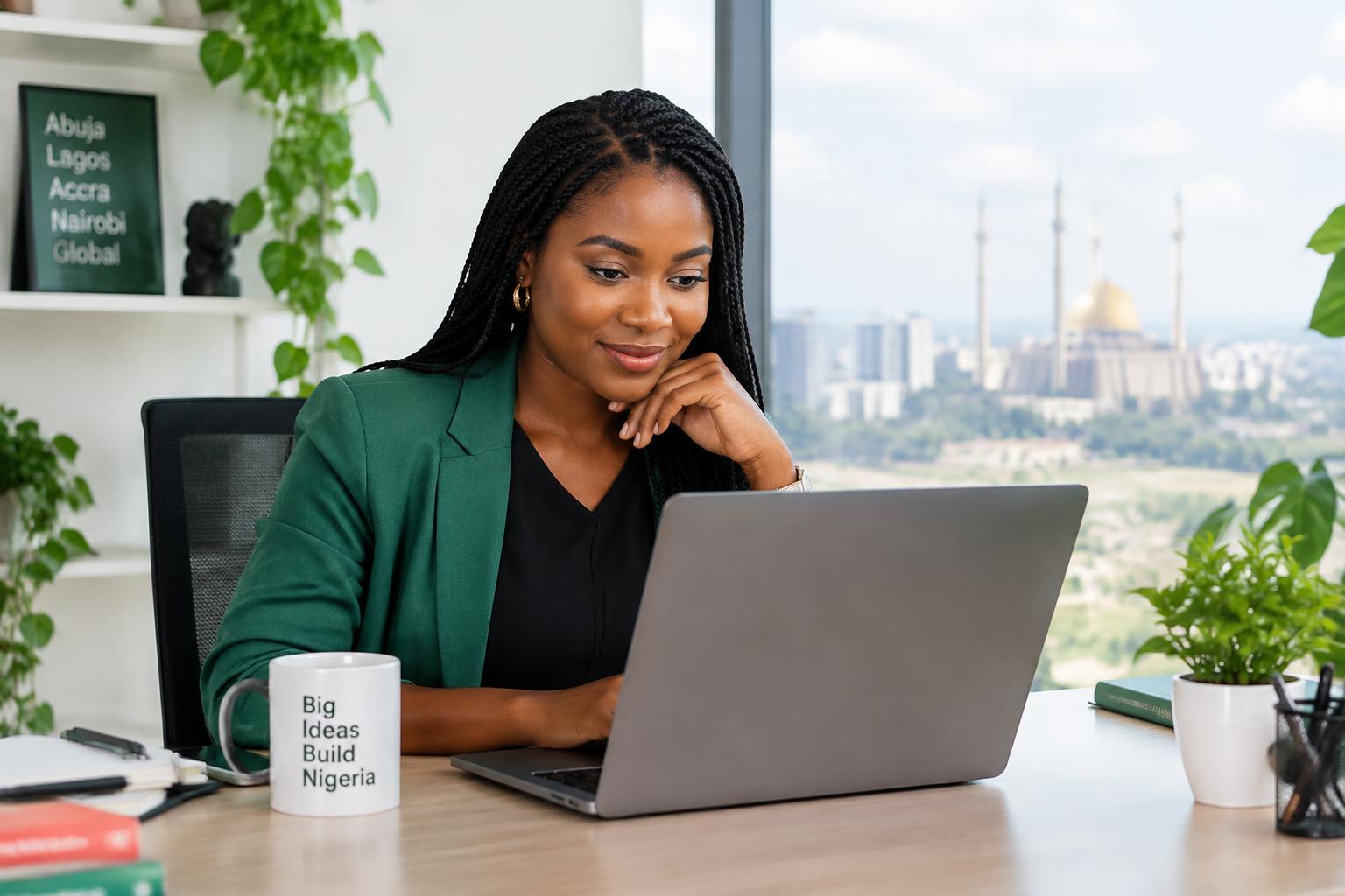 A Nigerian businesswoman reading an email newsletter on her laptop
